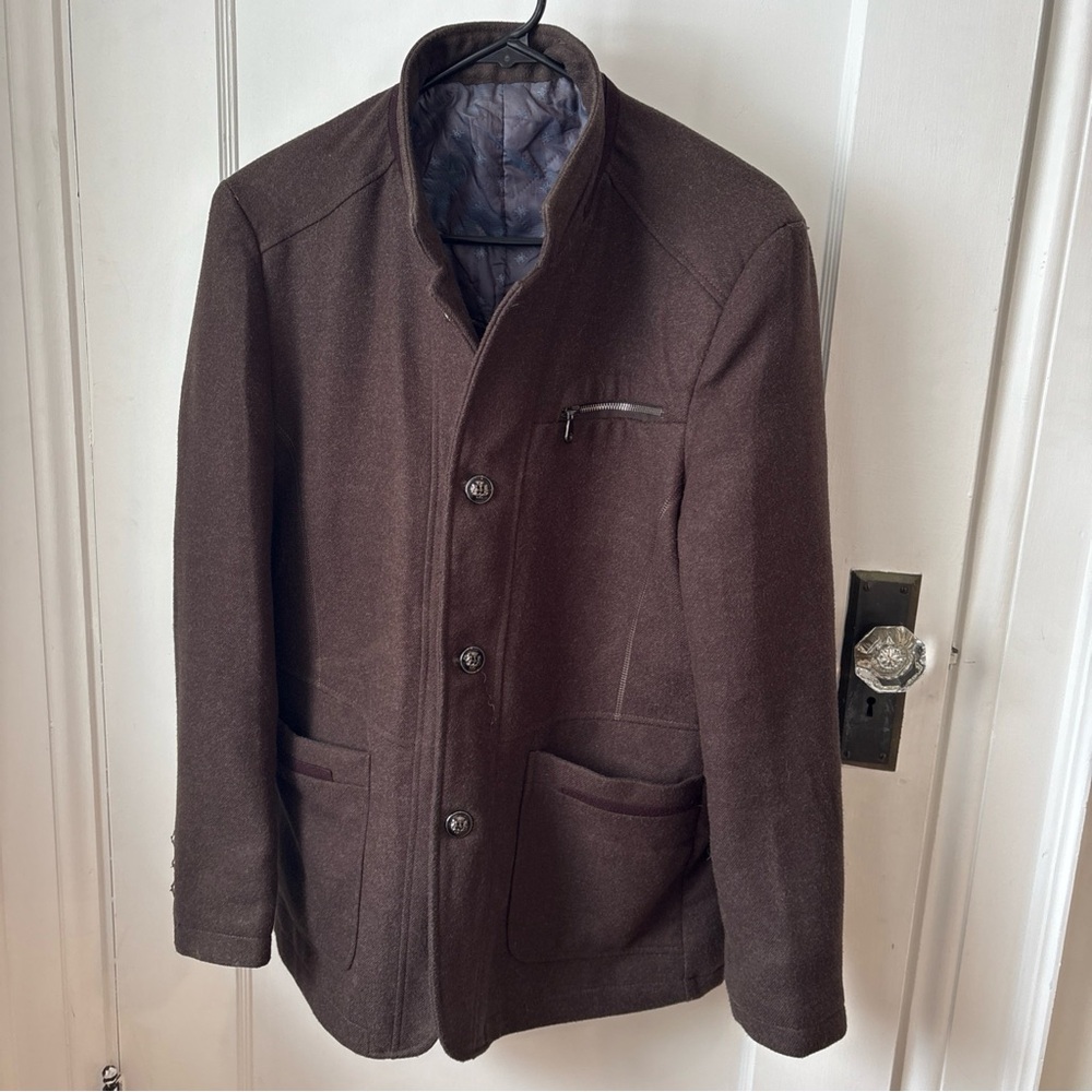 De-Niko Men’s Brown Jacket Coat Wool Blend Pockets Lined Crest Buttons Size M